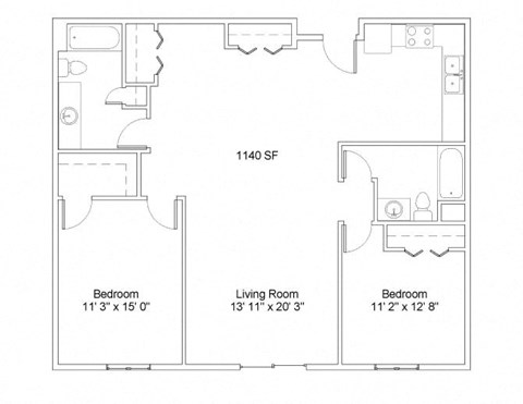Floor plan for 2 beds, 2 baths, 1147 sqft